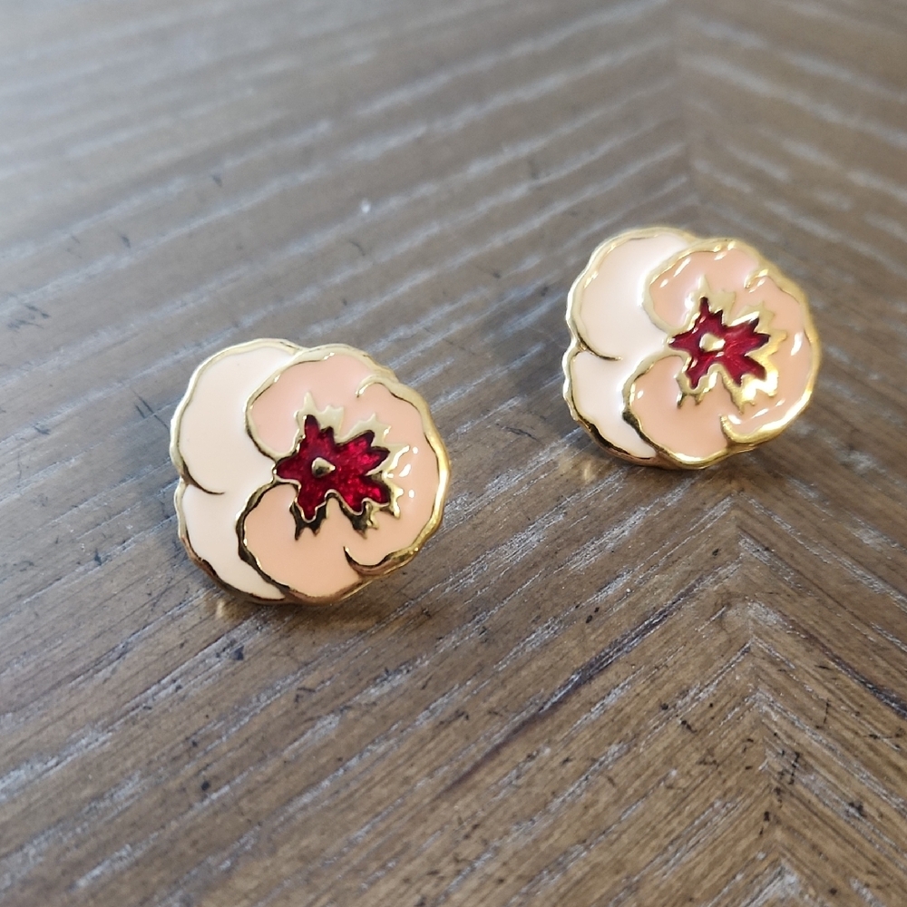 Floral Clip-on Earrings with Gold, Pink, & Red Accents